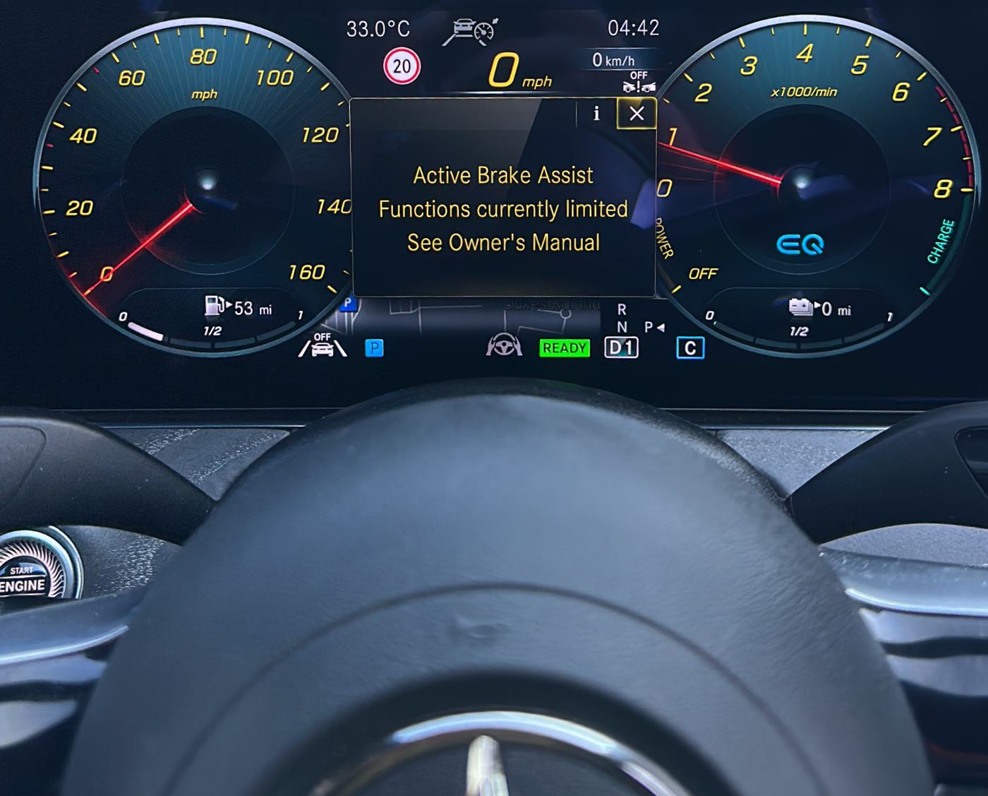 Instrument cluster showing Active Brake Assist functions currently limited
