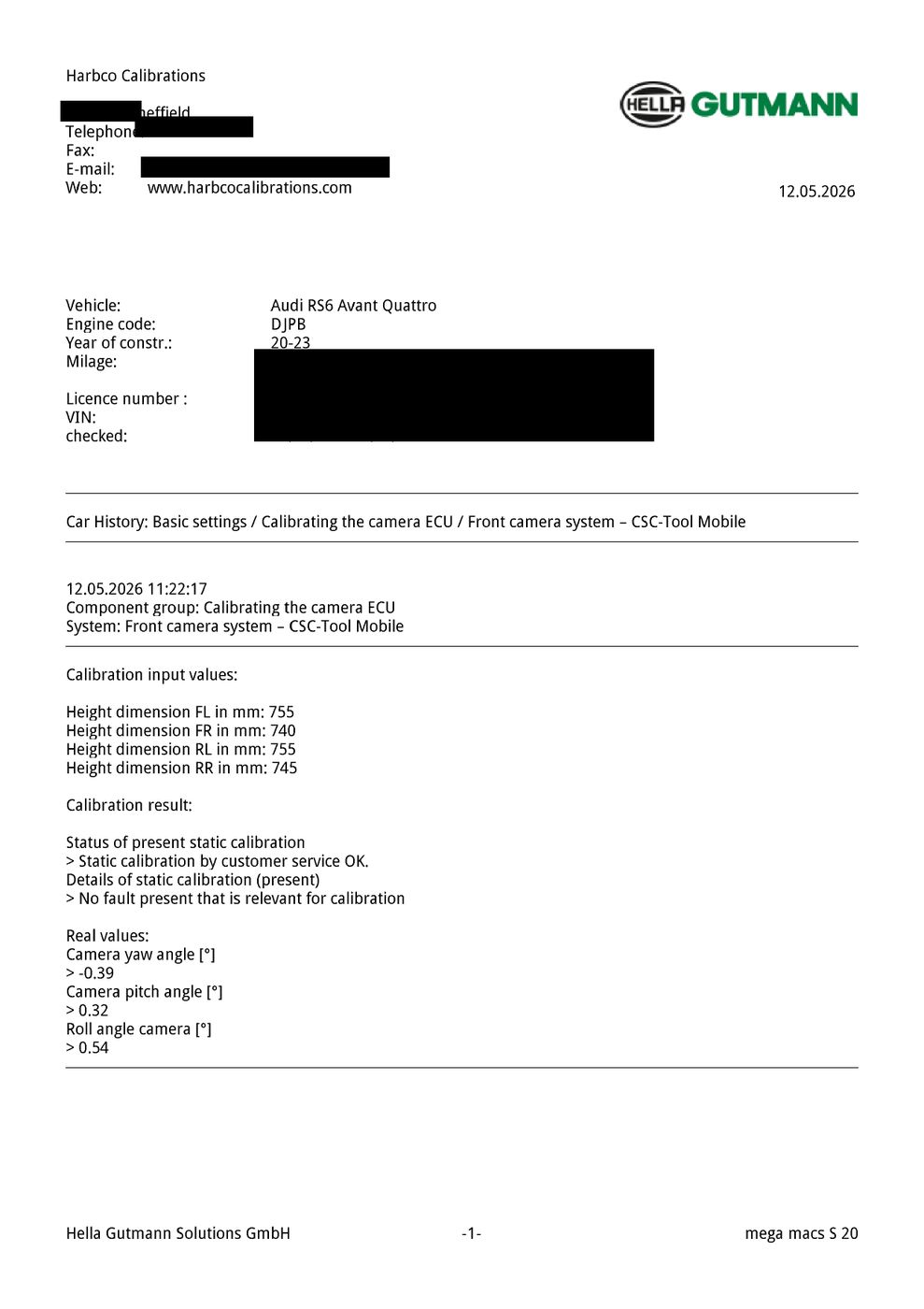 Front camera calibration certificate with ride heights and final camera angles