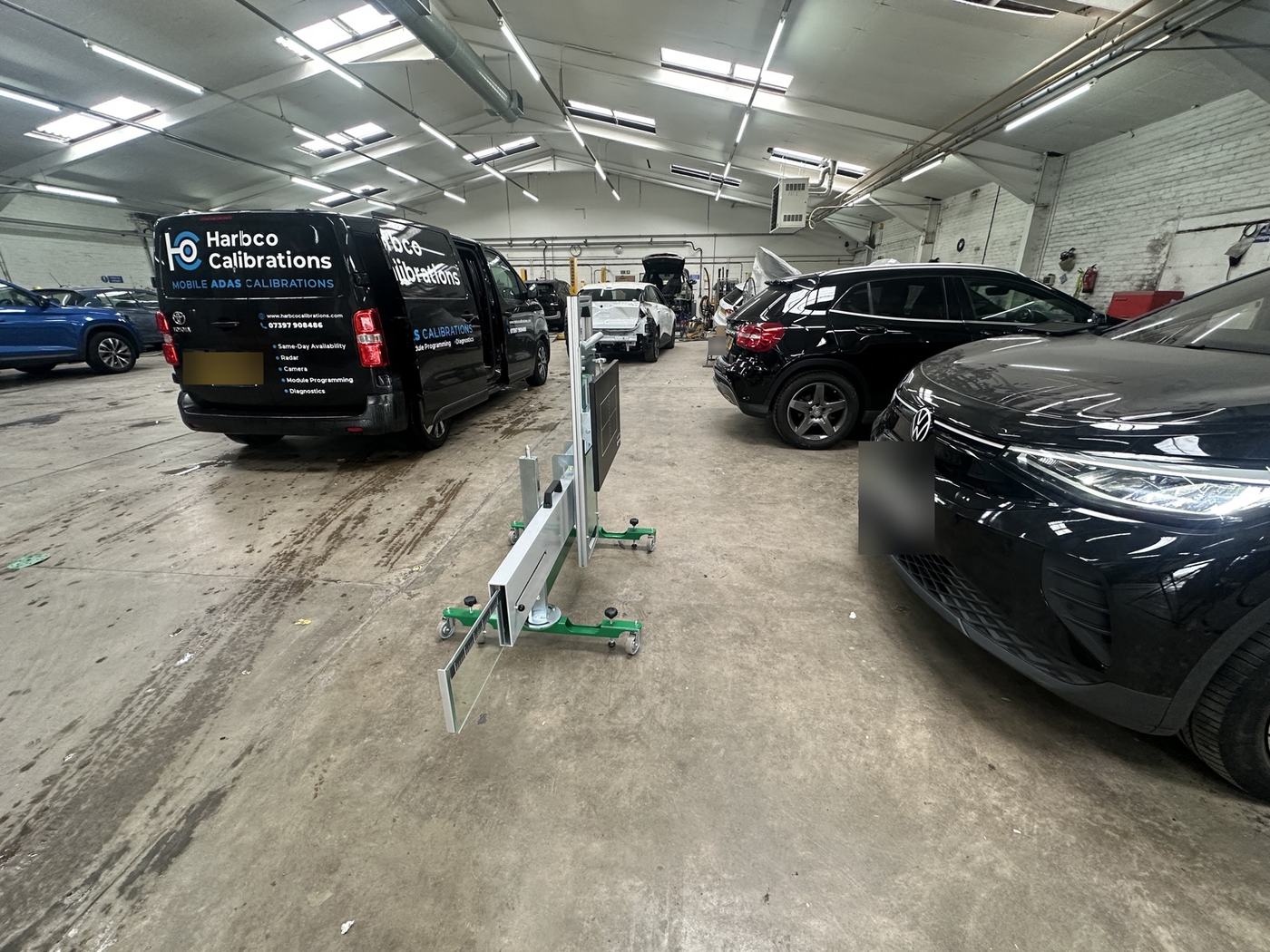 Harbco Calibrations van and radar calibration rig set up on site in Leeds